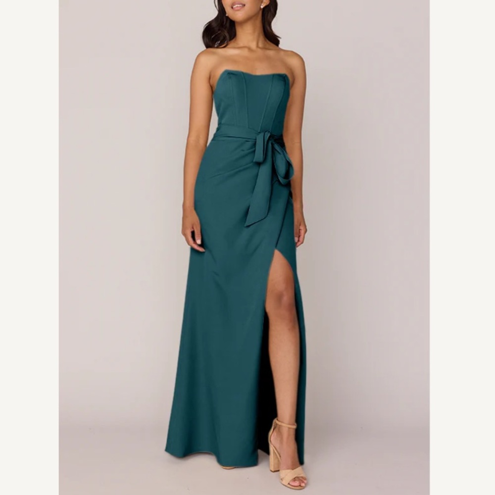 Revelry Emerald Amara Crepe Strapless Belted Bridesmaid Dress